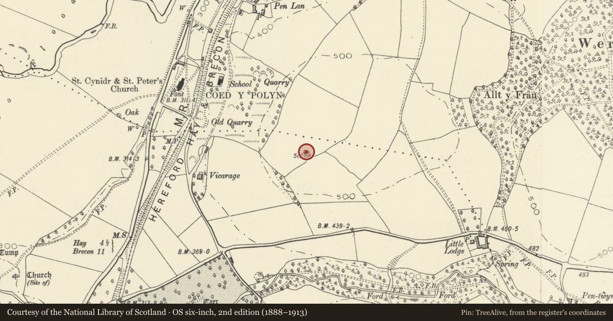 Ordnance Survey six-inch map, 2nd edition (1888–1913) covering the location of Coed y Polyn round barrow, Gwernyfed, Powys, with a pin at the register's coordinates