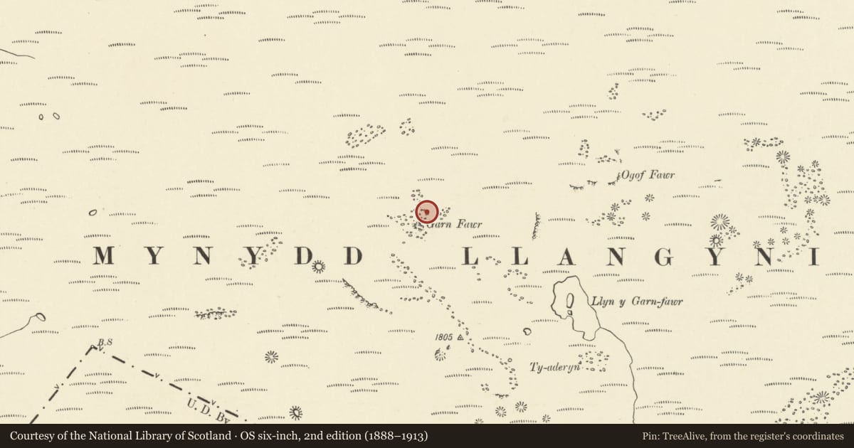 Ordnance Survey six-inch map, 2nd edition (1888–1913) covering the location of Garn Fawr round cairn, Llangynidr, Powys, with a pin at the register's coordinates
