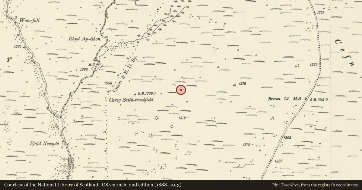 Ordnance Survey six-inch map, 2nd edition (1888–1913) covering the location of Cefn Esgair-Carnau round cairn (N), Ystradfellte, Powys, with a pin at the register's coordinates
