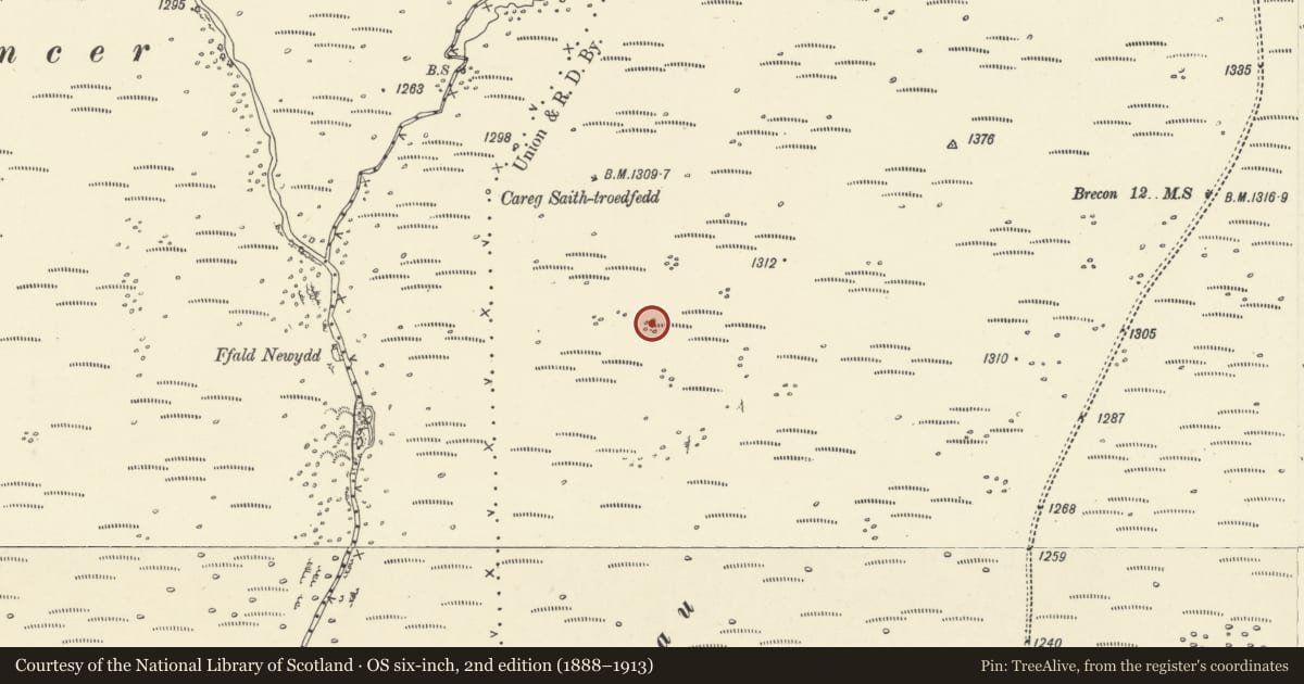 Ordnance Survey six-inch map, 2nd edition (1888–1913) covering the location of Cefn Esgair-Carnau round cairn (S), Ystradfellte, Powys, with a pin at the register's coordinates