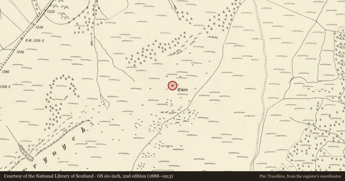 Ordnance Survey six-inch map, 2nd edition (1888–1913) covering the location of Fan Frynych kerb cairn, Glyn Tarell, Powys, with a pin at the register's coordinates