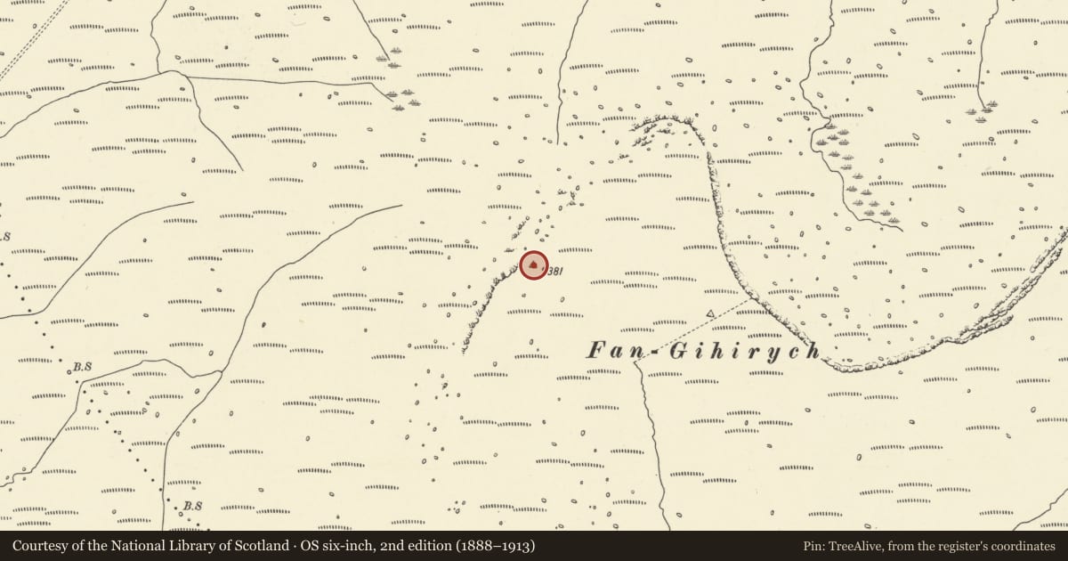 Ordnance Survey six-inch map, 2nd edition (1888–1913) covering the location of Fan Gyhirych round cairn, Cray, Powys, with a pin at the register's coordinates