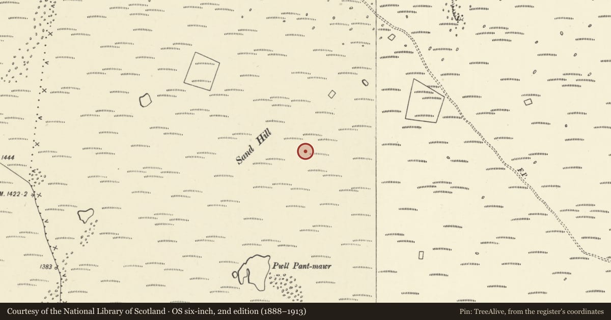 Ordnance Survey six-inch map, 2nd edition (1888–1913) covering the location of Sand Hill round cairn, Ystradfellte, Powys, with a pin at the register's coordinates