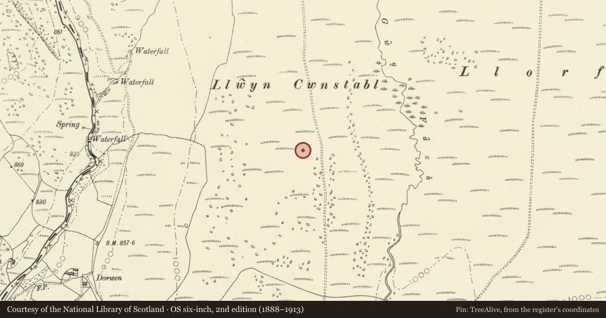 Ordnance Survey six-inch map, 2nd edition (1888–1913) covering the location of Llwyncwmstabl round cairn, Ystradgynlais, Powys, with a pin at the register's coordinates