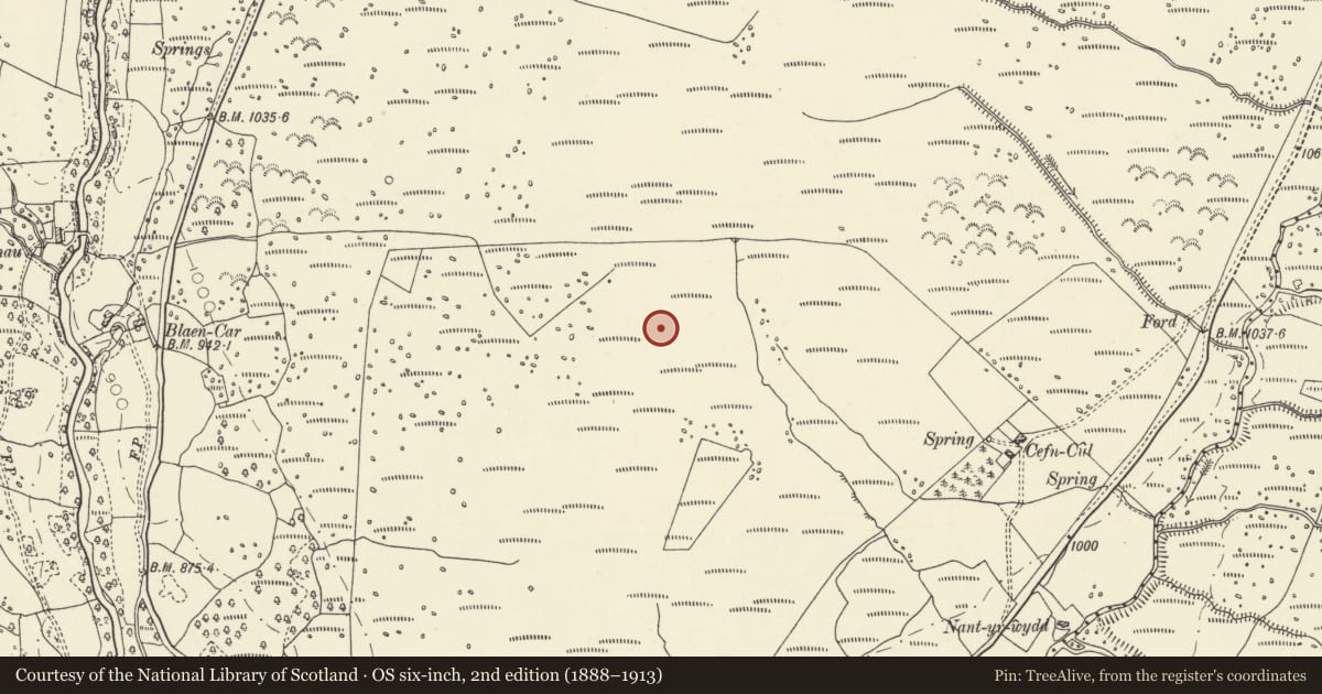 Ordnance Survey six-inch map, 2nd edition (1888–1913) covering the location of Cefn Cul ring cairn, Llywel, Powys, with a pin at the register's coordinates