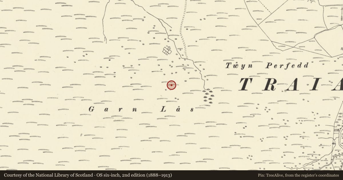 Ordnance Survey six-inch map, 2nd edition (1888–1913) covering the location of Garn Las ring cairn, Llywel, Powys, with a pin at the register's coordinates