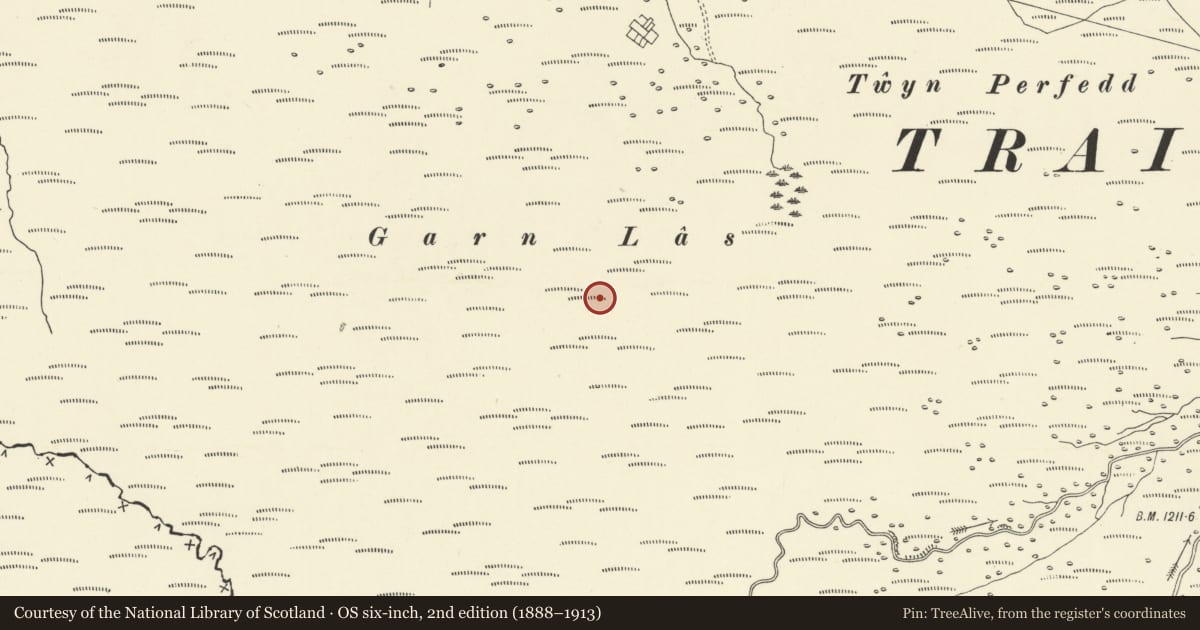 Ordnance Survey six-inch map, 2nd edition (1888–1913) covering the location of Garn Las platform cairn, Llywel, Powys, with a pin at the register's coordinates