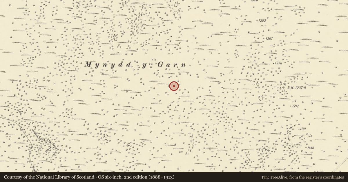 Ordnance Survey six-inch map, 2nd edition (1888–1913) covering the location of Mynydd y Garn round cairn, Ystradfellte, Powys, with a pin at the register's coordinates