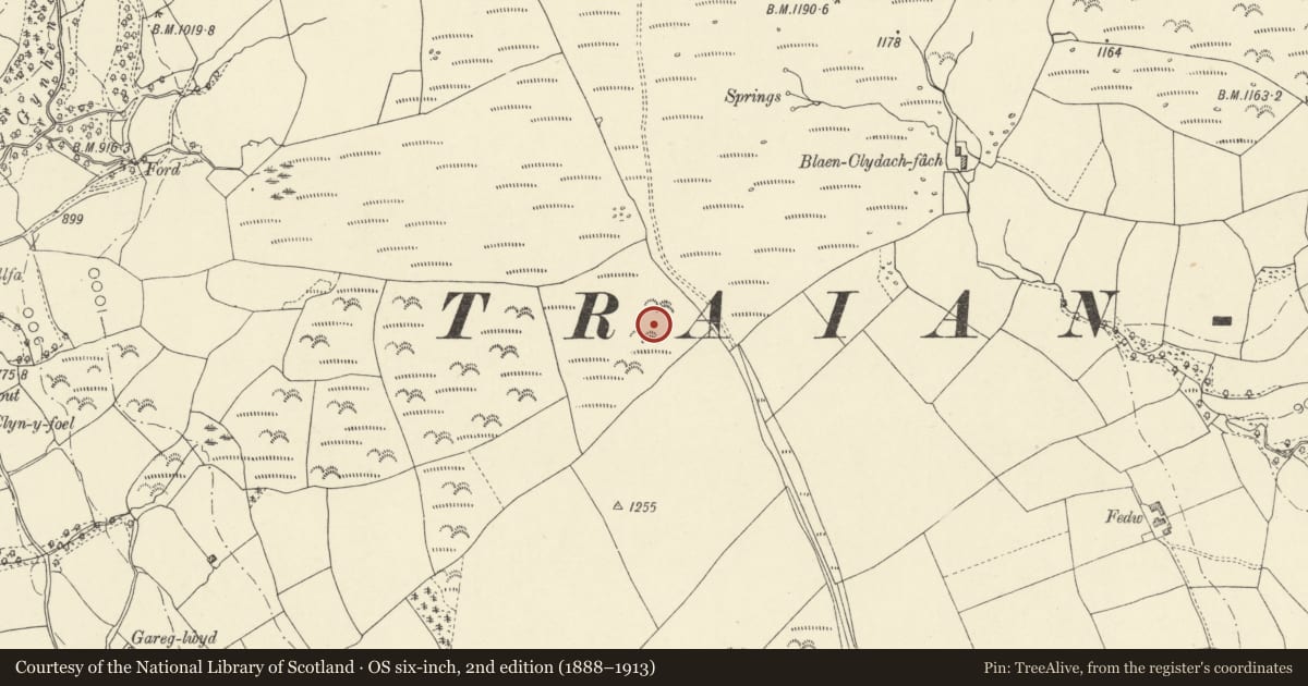 Ordnance Survey six-inch map, 2nd edition (1888–1913) covering the location of Blaen Clydach Fach round cairn, Llywel, Powys, with a pin at the register's coordinates