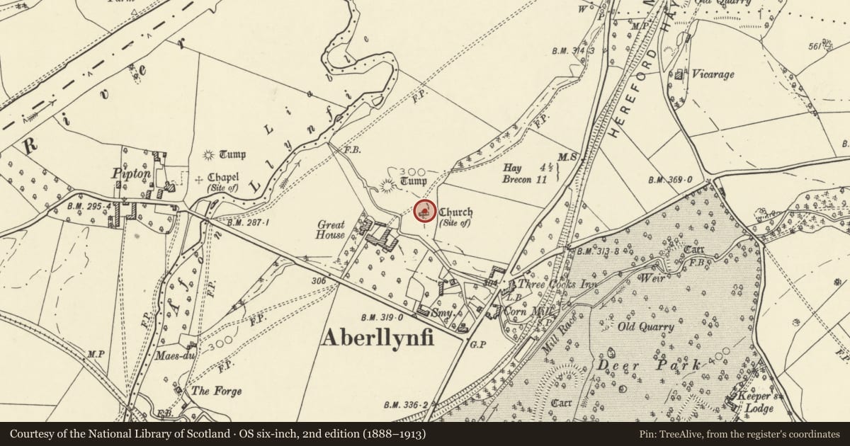 Ordnance Survey six-inch map, 2nd edition (1888–1913) covering the location of Aberllynfi chapel, Gwernyfed, Powys, with a pin at the register's coordinates
