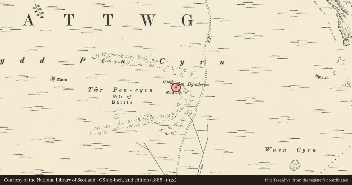 Ordnance Survey six-inch map, 2nd edition (1888–1913) covering the location of Twr Pen-cyrn round cairns, Llangattock, Powys, with a pin at the register's coordinates