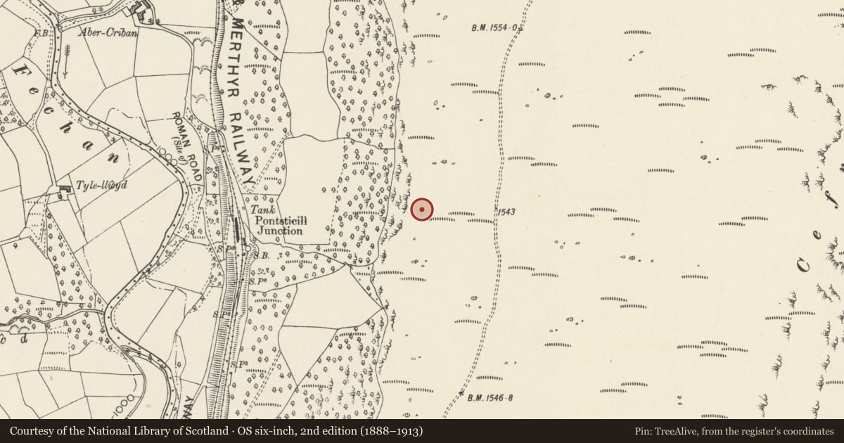 Ordnance Survey six-inch map, 2nd edition (1888–1913) covering the location of Pontsticill platform cairn, Talybont-on-Usk, Powys, with a pin at the register's coordinates