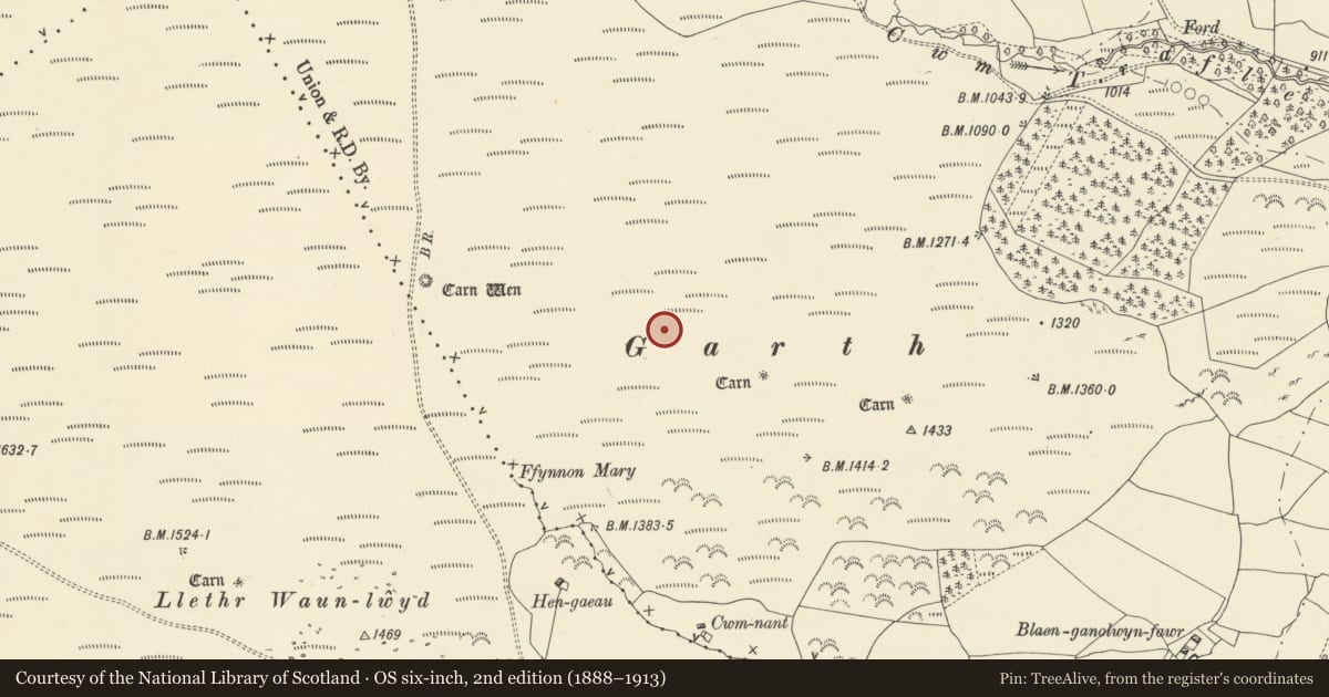 Ordnance Survey six-inch map, 2nd edition (1888–1913) covering the location of Garth cairn cemetery, Llanwrtyd Wells, Powys, with a pin at the register's coordinates