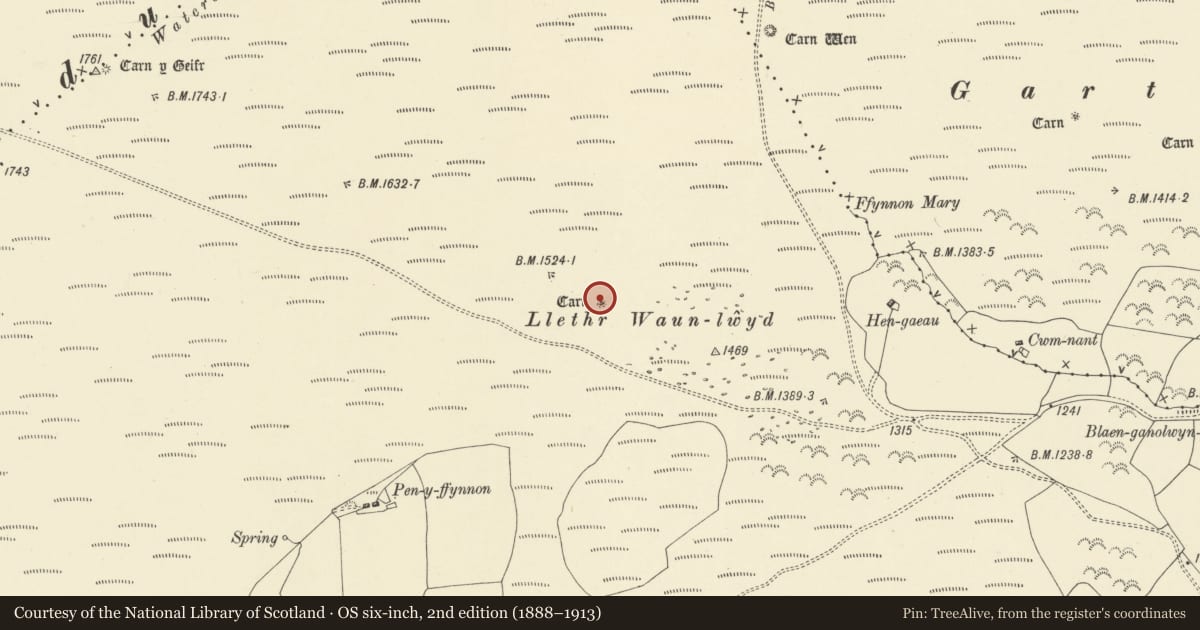 Ordnance Survey six-inch map, 2nd edition (1888–1913) covering the location of Llethyr Waun-lwyd ring cairn, Llanafanfawr, Powys, with a pin at the register's coordinates