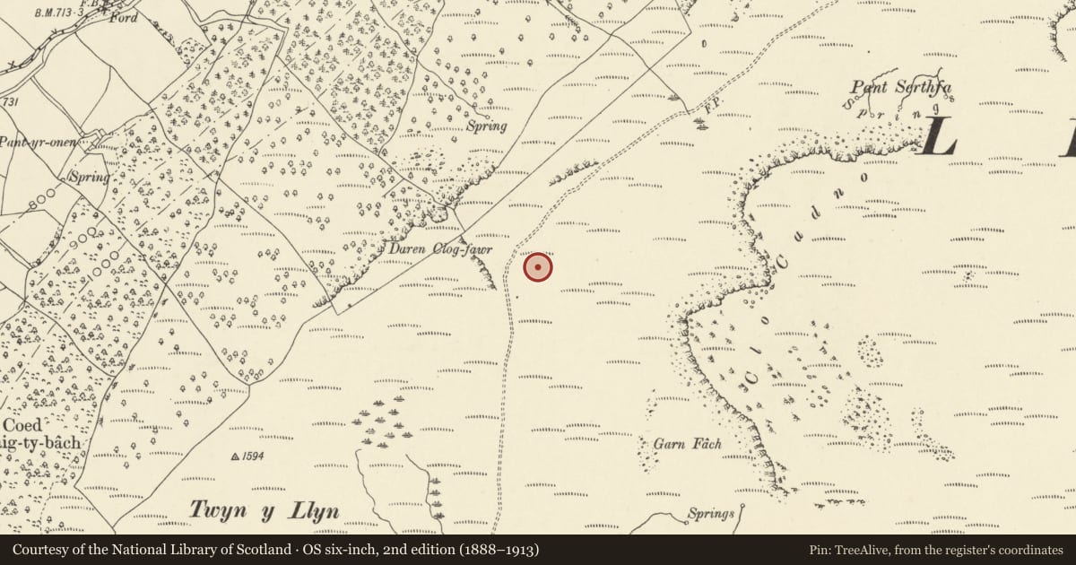 Ordnance Survey six-inch map, 2nd edition (1888–1913) covering the location of Clo Cadno platform cairn, Llangynidr, Powys, with a pin at the register's coordinates