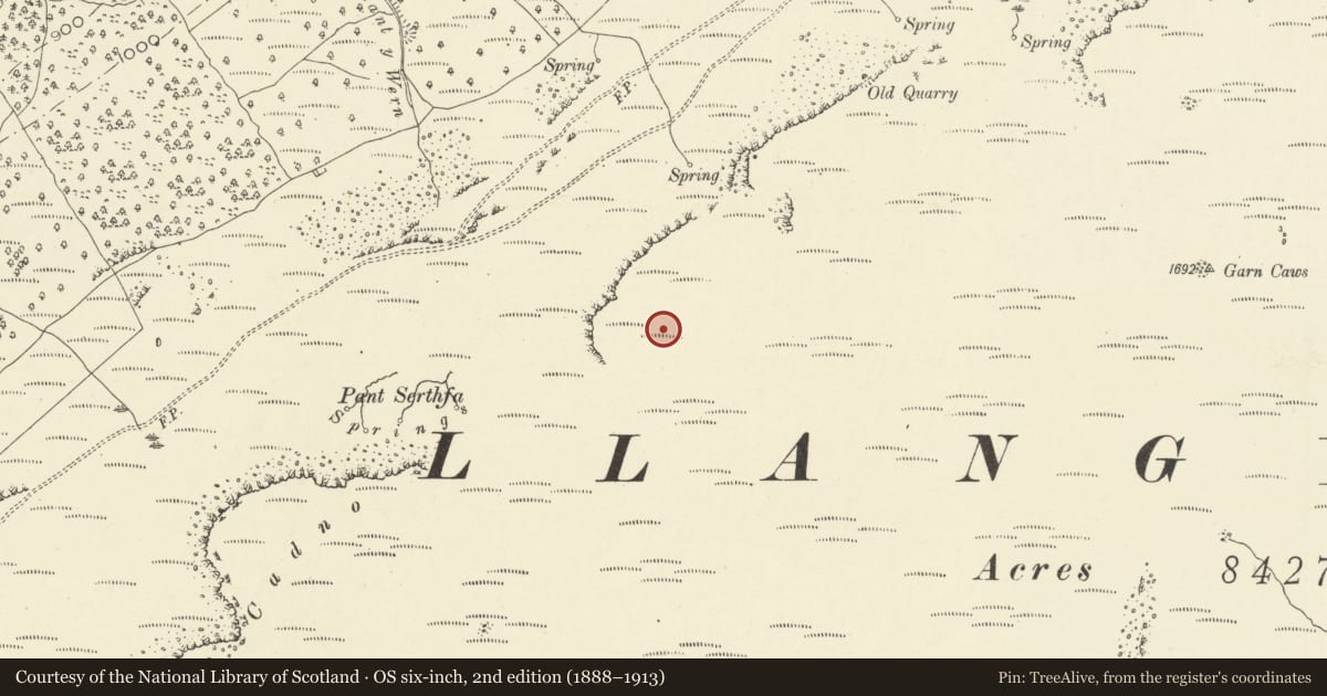 Ordnance Survey six-inch map, 2nd edition (1888–1913) covering the location of Pant Serthfa round cairn, Llangynidr, Powys, with a pin at the register's coordinates