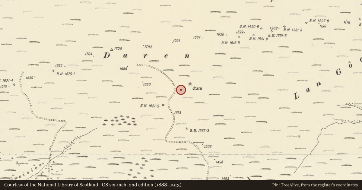 Ordnance Survey six-inch map, 2nd edition (1888–1913) covering the location of Darren round cairn, Llanafanfawr, Powys, with a pin at the register's coordinates