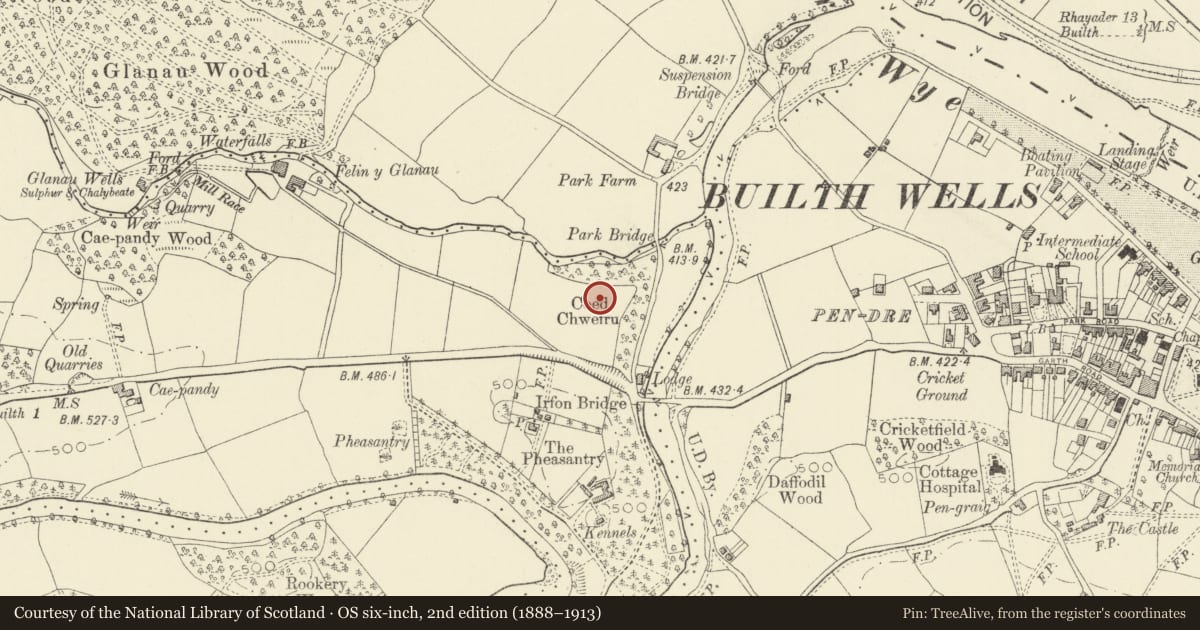 Ordnance Survey six-inch map, 2nd edition (1888–1913) covering the location of Coed Chwefri Vickers Machine Gun Emplacement, Cilmery, Powys, with a pin at the register's coordinates