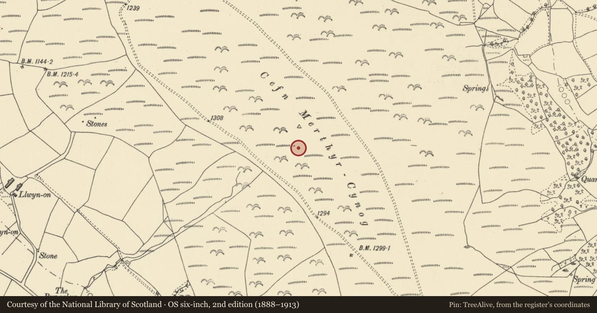 Ordnance Survey six-inch map, 2nd edition (1888–1913) covering the location of Cefn Merthyr Cynog Cairn, Powys, with a pin at the register's coordinates