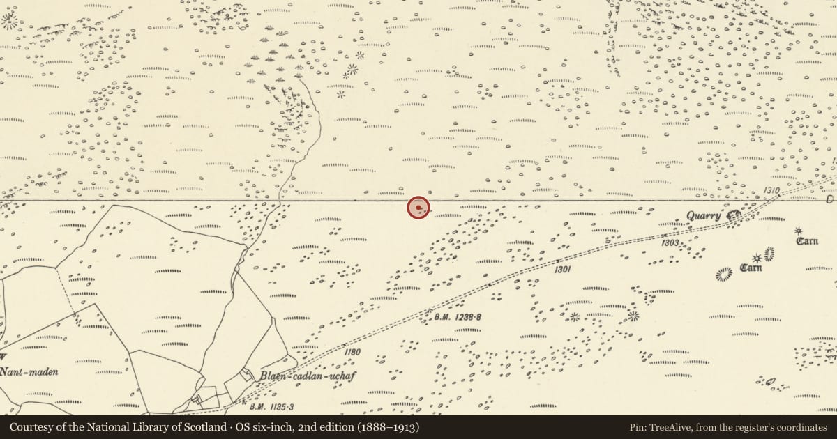 Ordnance Survey six-inch map, 2nd edition (1888–1913) covering the location of Cwm Cadlan Settlement and Field System, Hirwaun, Rhondda Cynon Taff, with a pin at the register's coordinates