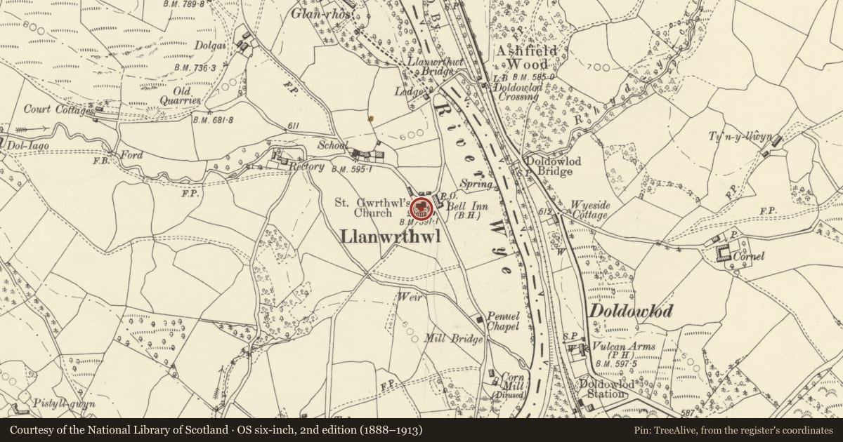 Ordnance Survey six-inch map, 2nd edition (1888–1913) covering the location of Standing Stone, Llanwrthwl Churchyard, Powys, with a pin at the register's coordinates
