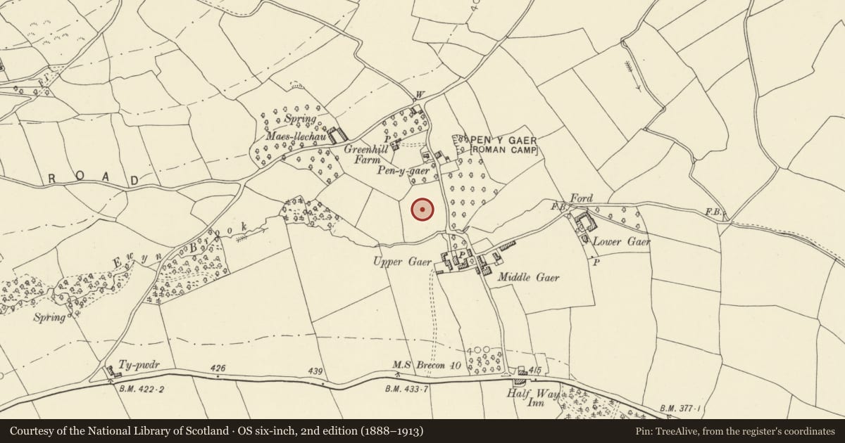 Ordnance Survey six-inch map, 2nd edition (1888–1913) covering the location of Pen-y-gaer Roman Vicus, Cwmdu, Llanfihangel Cwmdu with Bwlch and Cathedine, Powys, with a pin at the register's coordinates