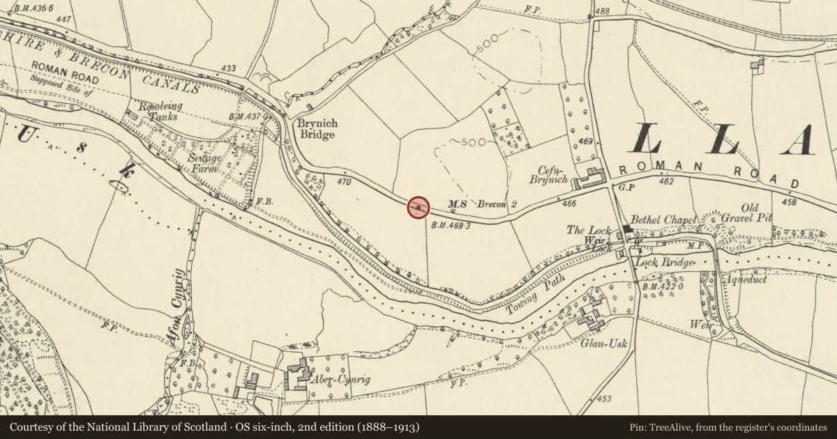 Ordnance Survey six-inch map, 2nd edition (1888–1913) covering the location of Cefn-Brynich Roman Fort, Brecon, Powys, with a pin at the register's coordinates