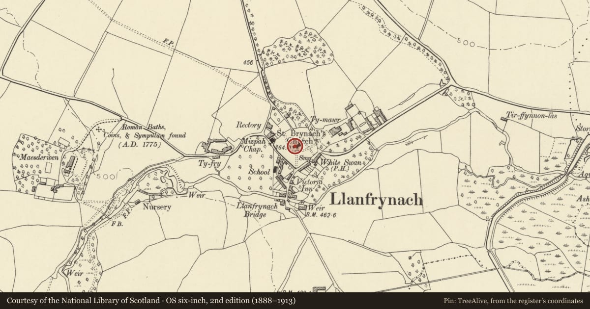 Ordnance Survey six-inch map, 2nd edition (1888–1913) covering the location of Early Medieval Cross in St Brynach’s Church, Llanfrynach, Powys, with a pin at the register's coordinates