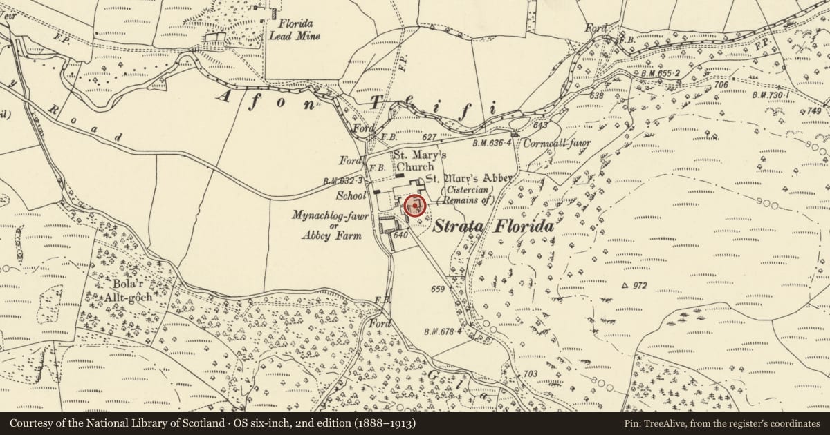 Ordnance Survey six-inch map, 2nd edition (1888–1913) covering the location of Strata Florida Abbey, Ystrad Fflur, Ceredigion, with a pin at the register's coordinates