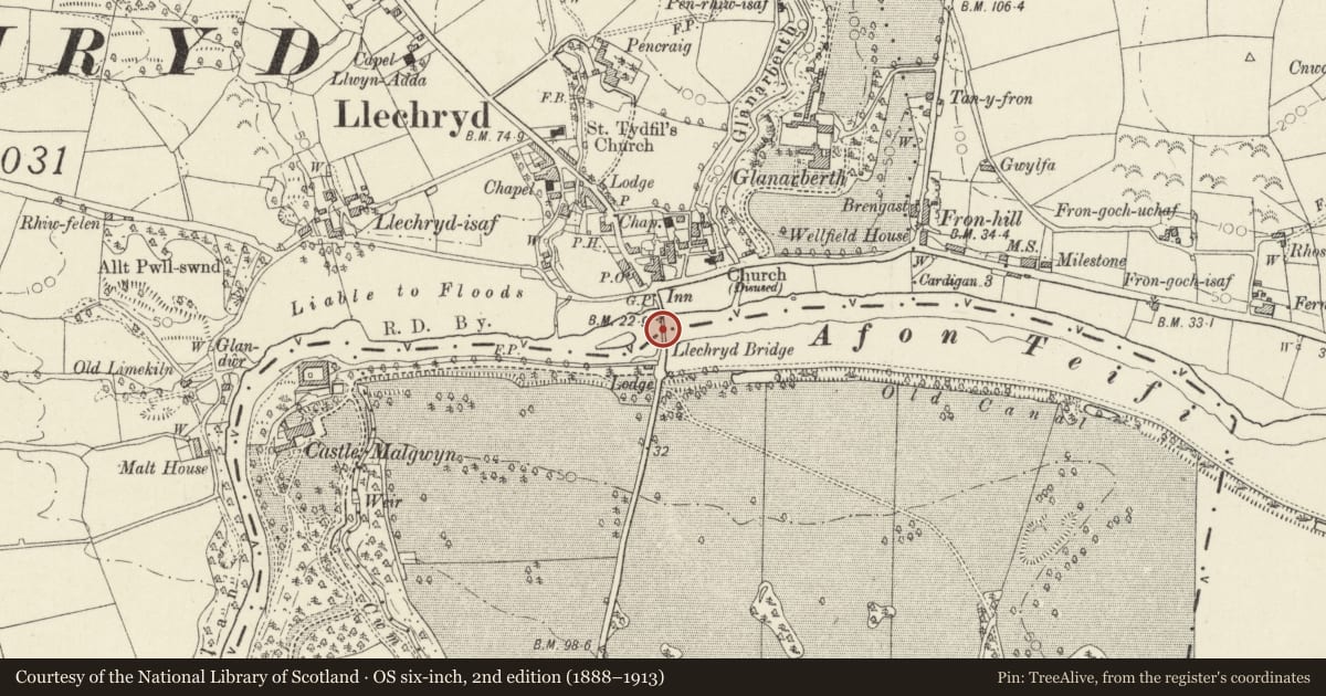 Ordnance Survey six-inch map, 2nd edition (1888–1913) covering the location of Llechryd Bridge, Llangoedmor, Ceredigion, with a pin at the register's coordinates
