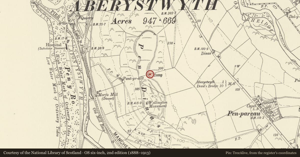 Ordnance Survey six-inch map, 2nd edition (1888–1913) covering the location of Pen Dinas Camp, Aberystwyth, Ceredigion, with a pin at the register's coordinates