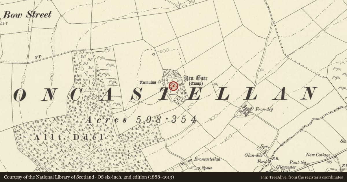 Ordnance Survey six-inch map, 2nd edition (1888–1913) covering the location of Hen Gaer Hilltop Enclosure, Tirymynach, Ceredigion, with a pin at the register's coordinates