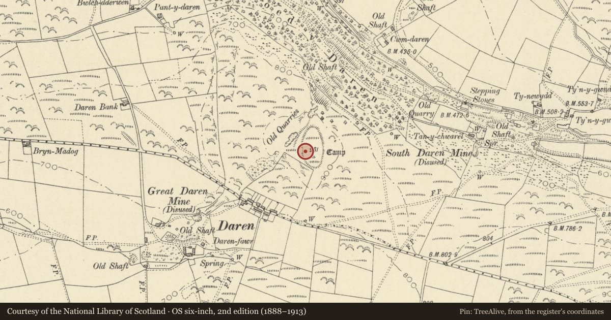 Ordnance Survey six-inch map, 2nd edition (1888–1913) covering the location of Daren Camp, Trefeurig, Ceredigion, with a pin at the register's coordinates