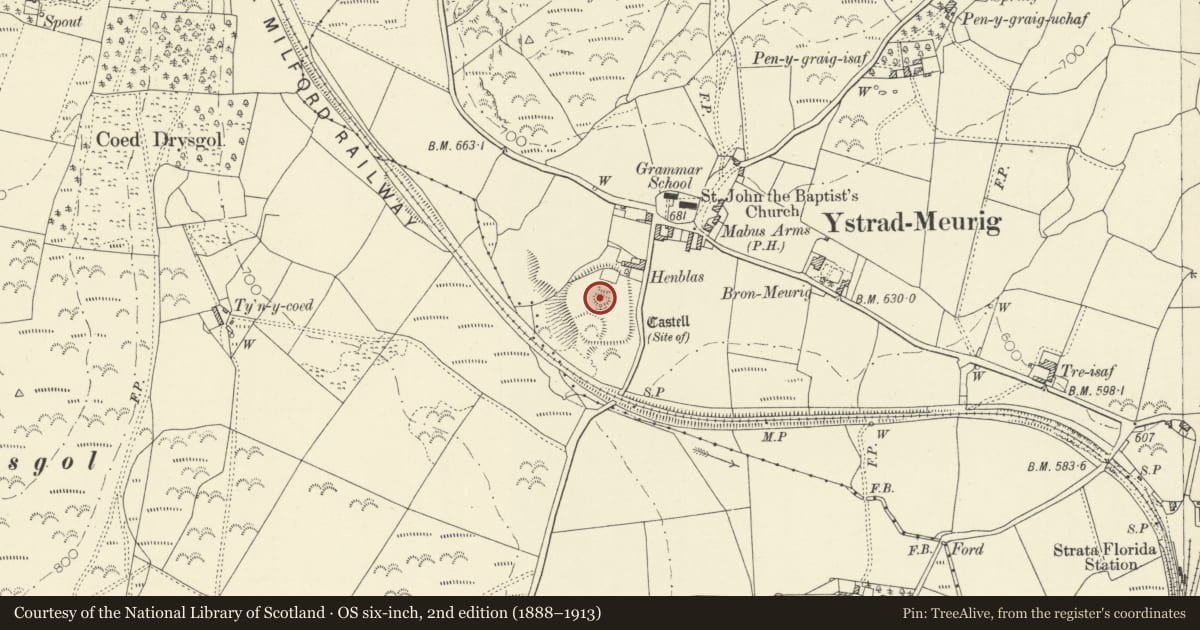 Ordnance Survey six-inch map, 2nd edition (1888–1913) covering the location of Ystrad-Meurig Castle, Ystrad Meurig, Ceredigion, with a pin at the register's coordinates