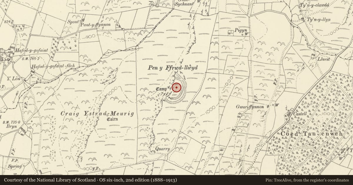 Ordnance Survey six-inch map, 2nd edition (1888–1913) covering the location of Pen y Ffrwd-Llwyd Camp, Ystrad Meurig, Ceredigion, with a pin at the register's coordinates