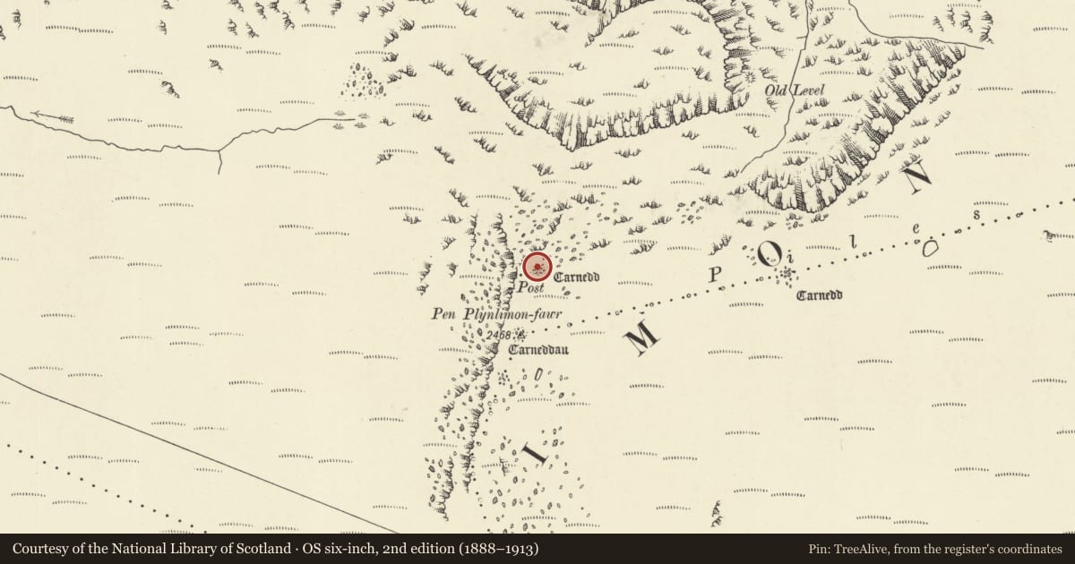 Ordnance Survey six-inch map, 2nd edition (1888–1913) covering the location of North Cairn on Pen Plynlimon-Fawr, Blaenrheidol, Ceredigion, with a pin at the register's coordinates