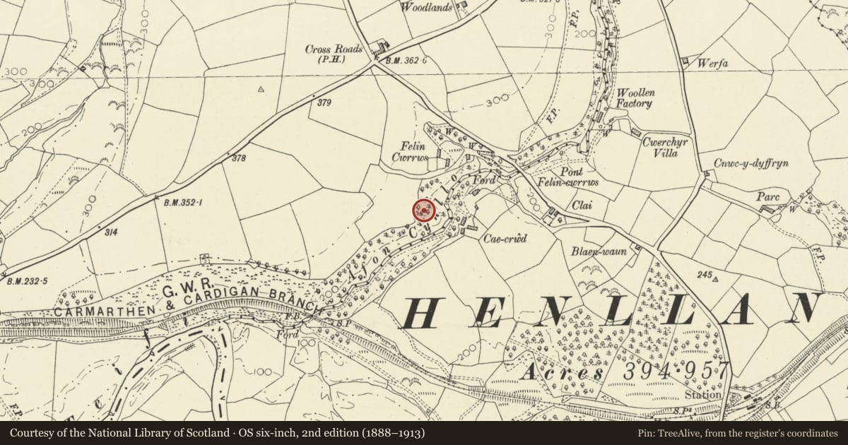 Ordnance Survey six-inch map, 2nd edition (1888–1913) covering the location of Promontory Fort SSW of Felin Cwrrws, Llandyfriog, Ceredigion, with a pin at the register's coordinates