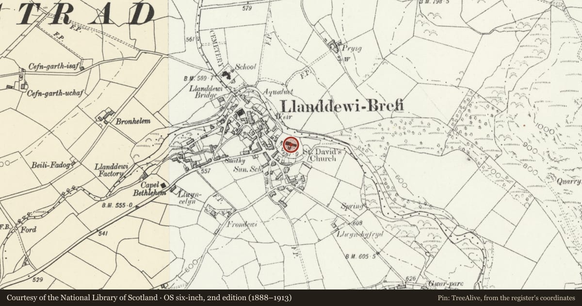 Ordnance Survey six-inch map, 2nd edition (1888–1913) covering the location of Four Inscribed Stones in Church, Llanddewi Brefi, Ceredigion, with a pin at the register's coordinates