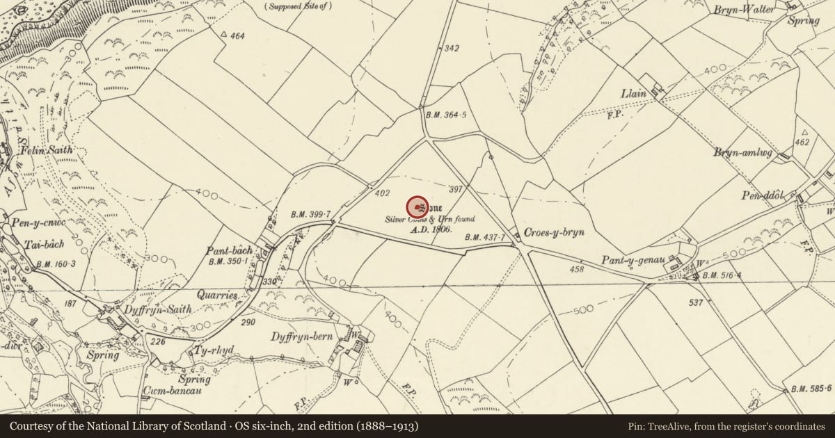 Ordnance Survey six-inch map, 2nd edition (1888–1913) covering the location of Dyffryn-Bern Inscribed Stone, Penbryn, Ceredigion, with a pin at the register's coordinates