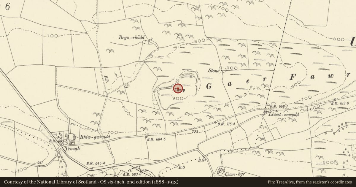 Ordnance Survey six-inch map, 2nd edition (1888–1913) covering the location of Gaer Fawr, Llanilar, Ceredigion, with a pin at the register's coordinates