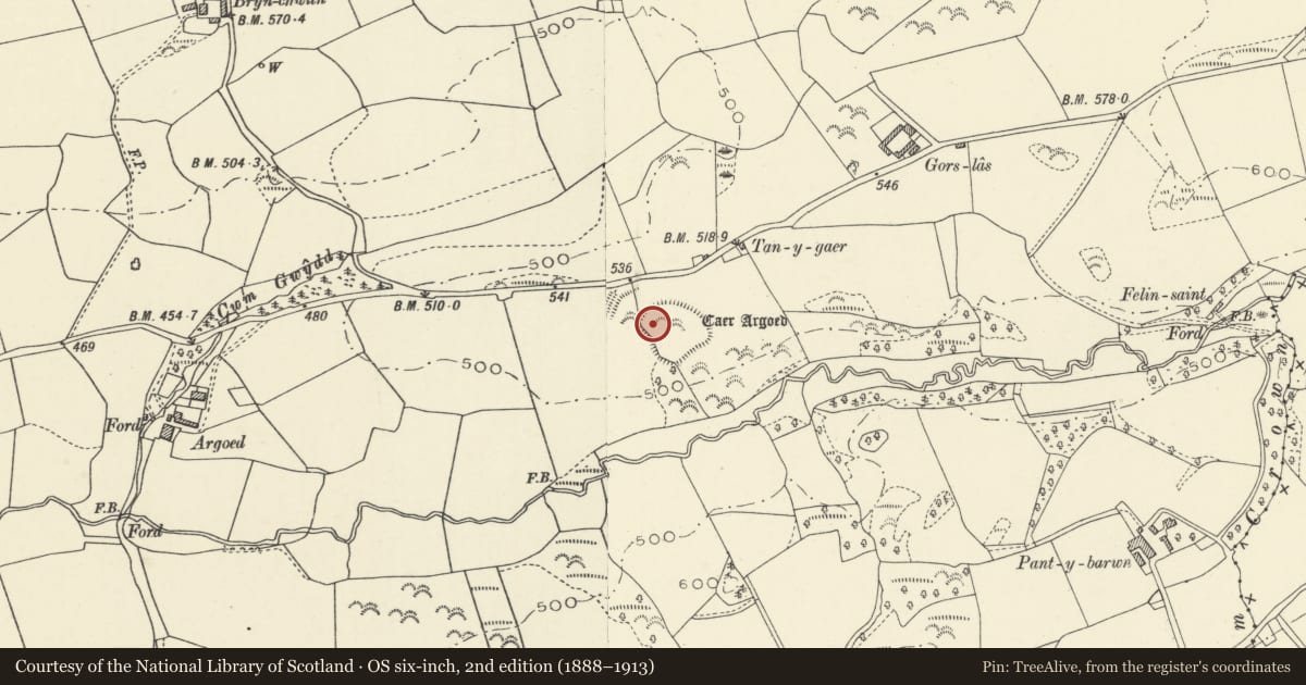 Ordnance Survey six-inch map, 2nd edition (1888–1913) covering the location of Caer Argoed, Llangwyryfon, Ceredigion, with a pin at the register's coordinates