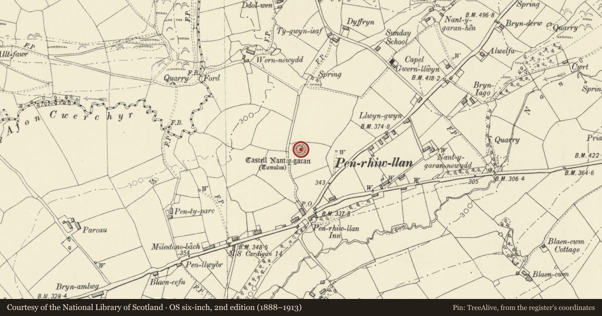 Ordnance Survey six-inch map, 2nd edition (1888–1913) covering the location of Castell Nant-y-Garan, Llandyfriog, Ceredigion, with a pin at the register's coordinates