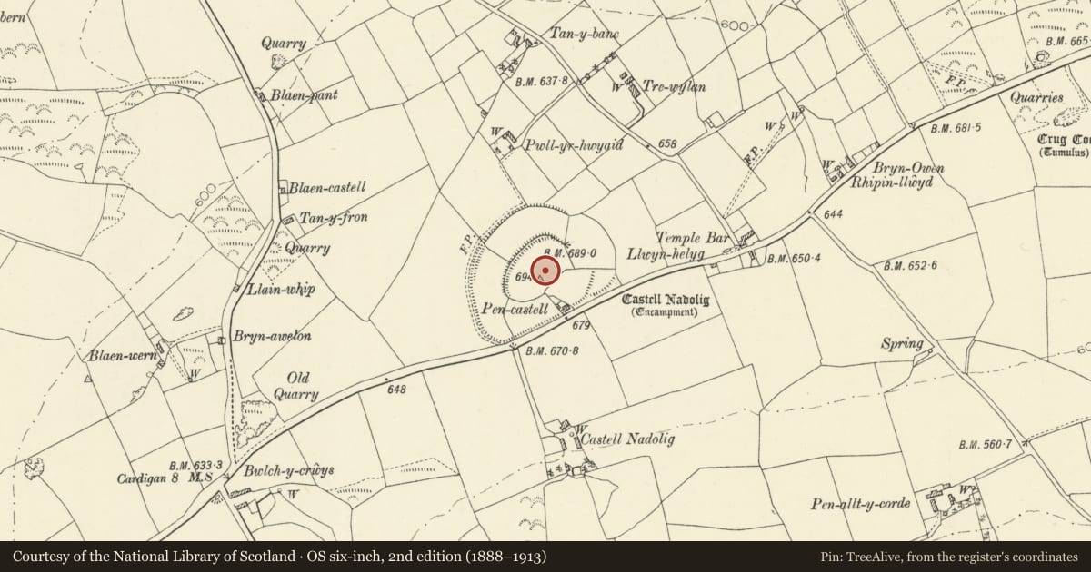 Ordnance Survey six-inch map, 2nd edition (1888–1913) covering the location of Castell Nadolig, Penbryn, Ceredigion, with a pin at the register's coordinates