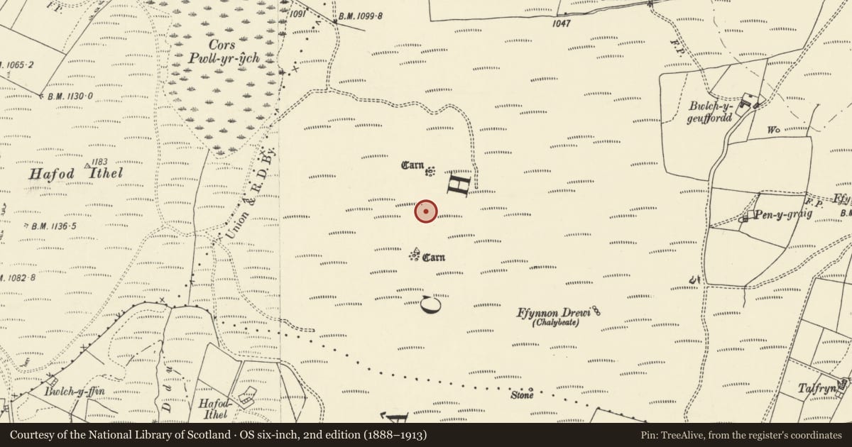 Ordnance Survey six-inch map, 2nd edition (1888–1913) covering the location of Two Cairns on Mynydd Bach, Lledrod, Ceredigion, with a pin at the register's coordinates