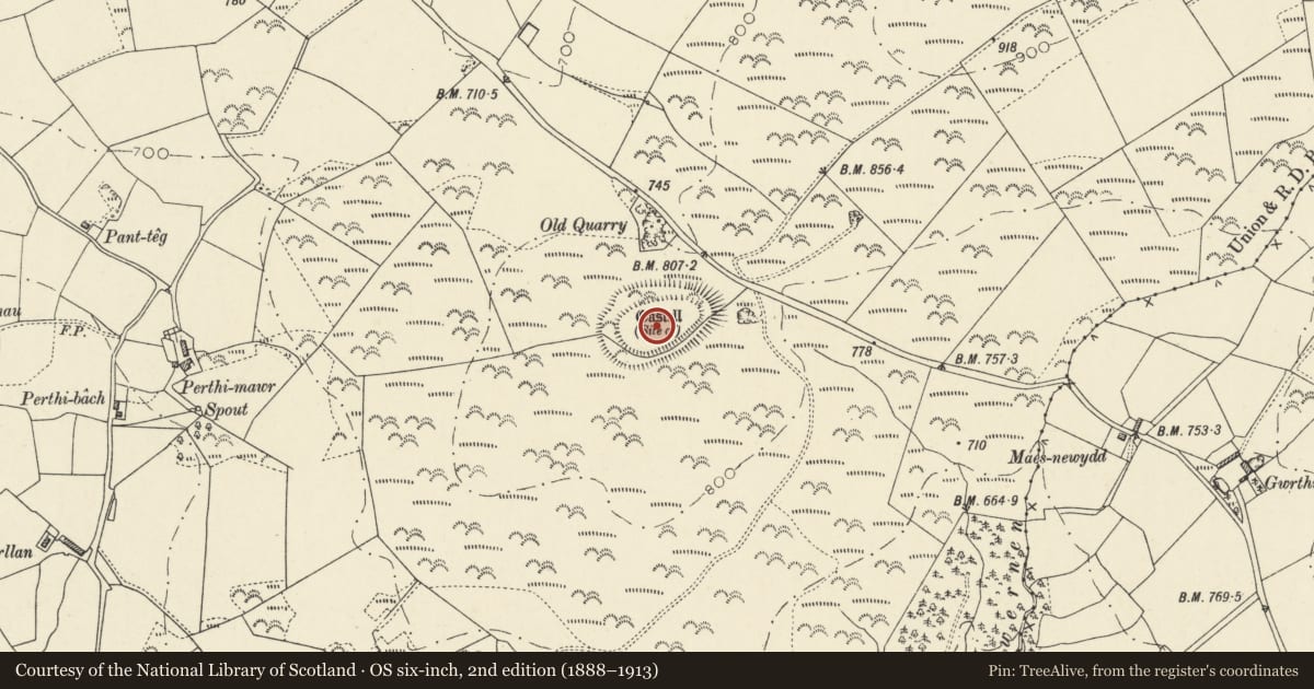 Ordnance Survey six-inch map, 2nd edition (1888–1913) covering the location of Castell Perthi-Mawr, Ciliau Aeron, Ceredigion, with a pin at the register's coordinates