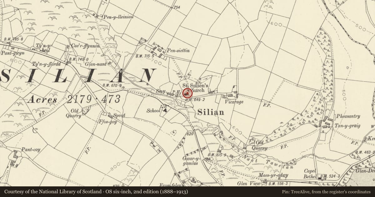 Ordnance Survey six-inch map, 2nd edition (1888–1913) covering the location of Sculptured Stone in Church, Llangybi, Ceredigion, with a pin at the register's coordinates