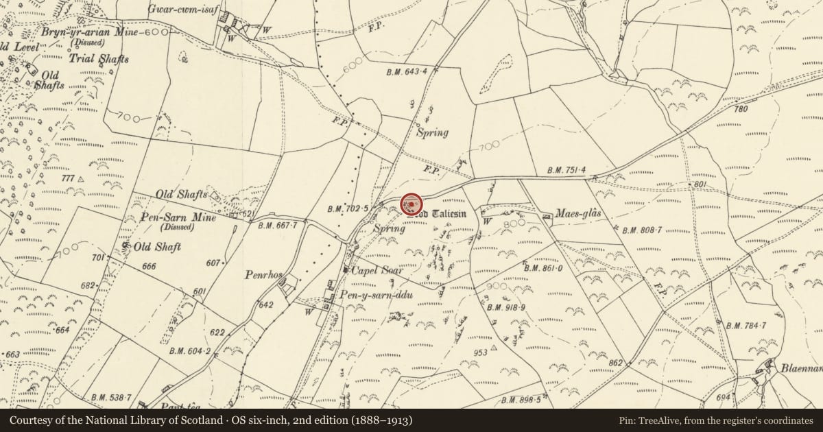 Ordnance Survey six-inch map, 2nd edition (1888–1913) covering the location of Bedd Taliesin Round Barrow, Ceulanamaesmawr, Ceredigion, with a pin at the register's coordinates