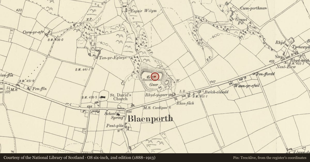 Ordnance Survey six-inch map, 2nd edition (1888–1913) covering the location of Blaenporth Mound and Bailey Castle, Aberporth, Ceredigion, with a pin at the register's coordinates