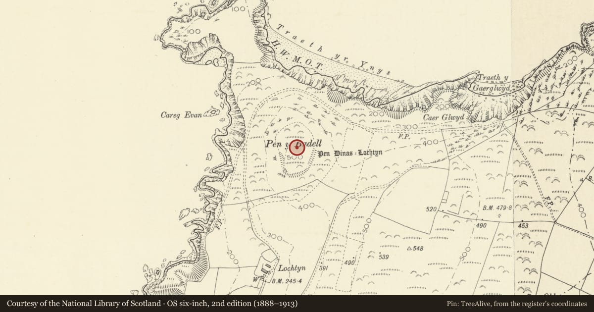 Ordnance Survey six-inch map, 2nd edition (1888–1913) covering the location of Pen Dinas Lochtyn, Llangrannog, Ceredigion, with a pin at the register's coordinates