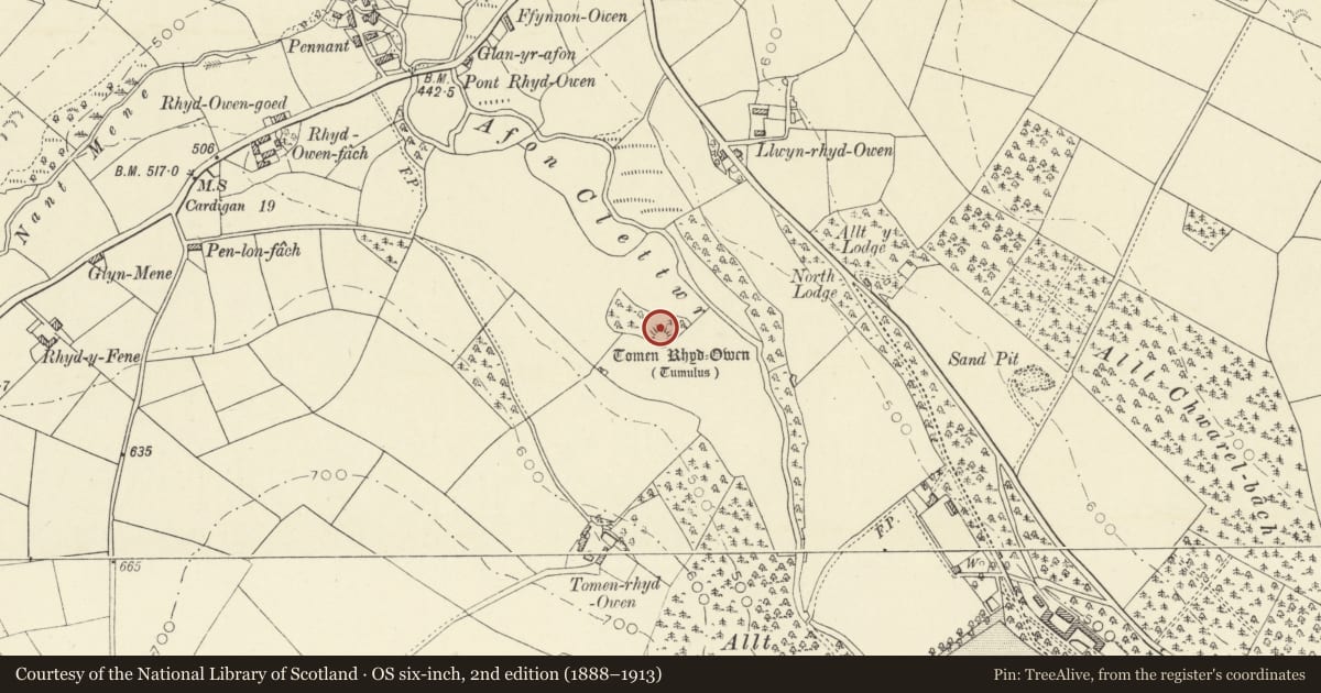 Ordnance Survey six-inch map, 2nd edition (1888–1913) covering the location of Tomen Rhyd-Owen, Llandysul, Ceredigion, with a pin at the register's coordinates
